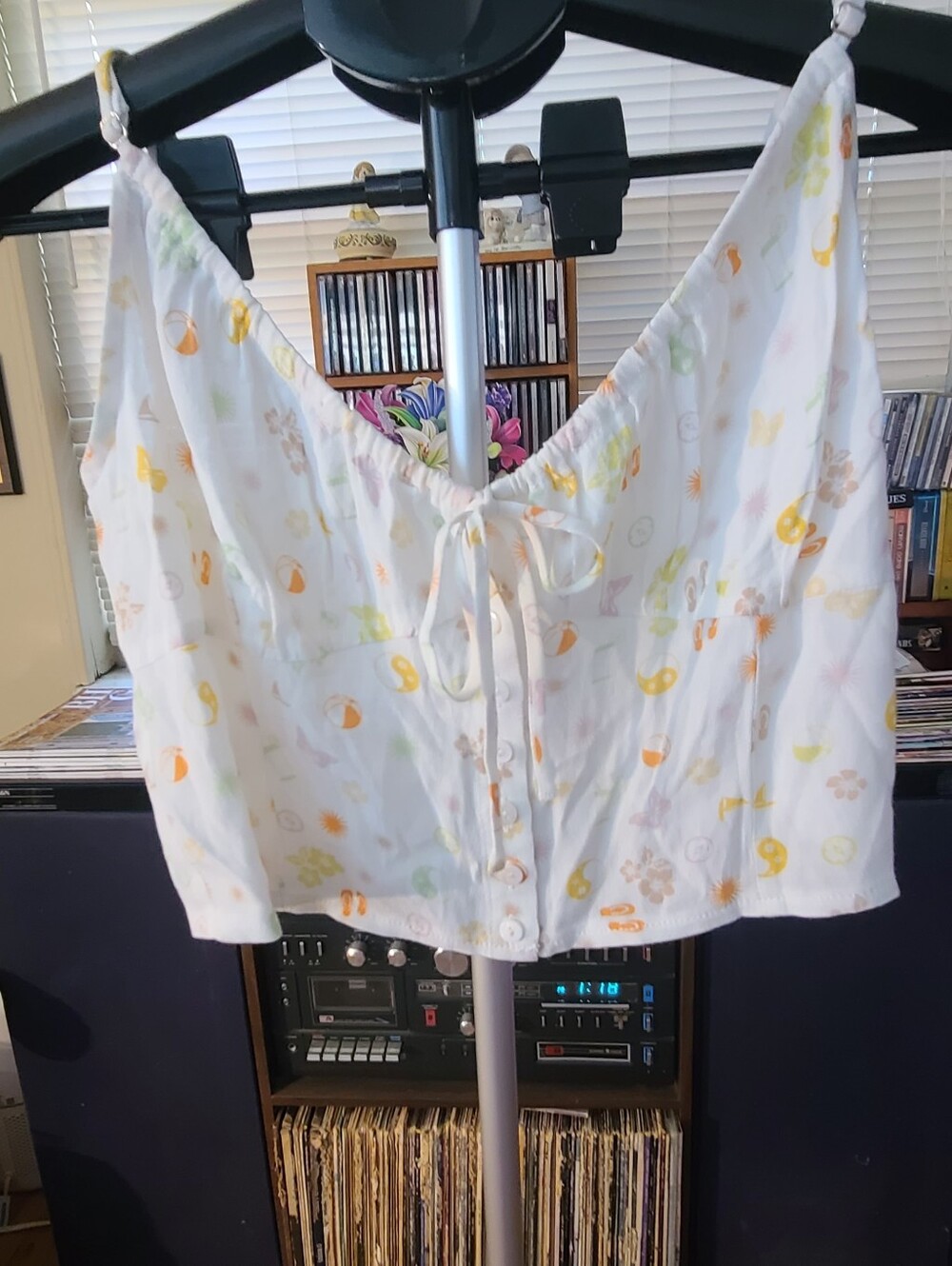 Elodie White Crop Cami with Pastel Yellow, Orange & Green Motif